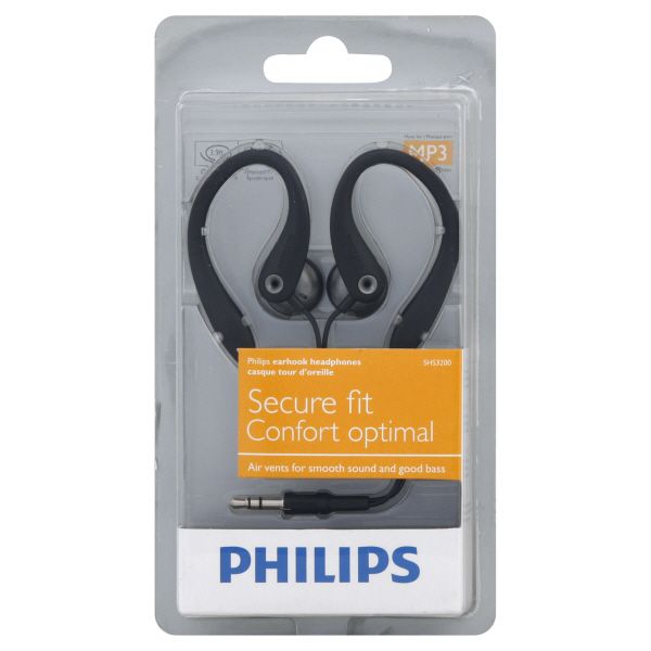 Philips Headphones, Earhook, Secure Fit, 1 pair
