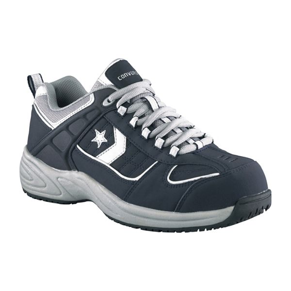Navy blue nubuck leather upper Tailex lining with a comfort sponge rubber heel wedge SureGrip rubber outsole Lace-up closure Excellent in slippery environments Lightweight and flexible 100% nonmetallic construction, slip resistant Electrical hazard rated