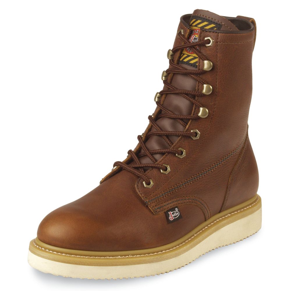 Justin Original Work Boot Men&squot;s Work Boots Leather 8" Tan WK908 Wide Avail 