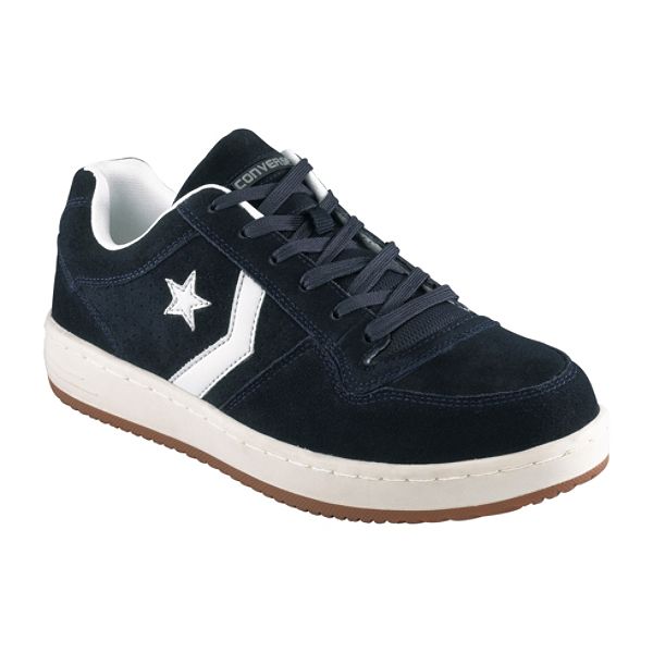 Navy blue suede leather upper Steel toe Breathable, moisture absorbent lining Insole with EVA cushion insert with sponge rubber heel wedge Rubber outsole offers extreme oil, chemical, and slip resistance Lace-up closure Lightweight and flexible Electrical hazard rated