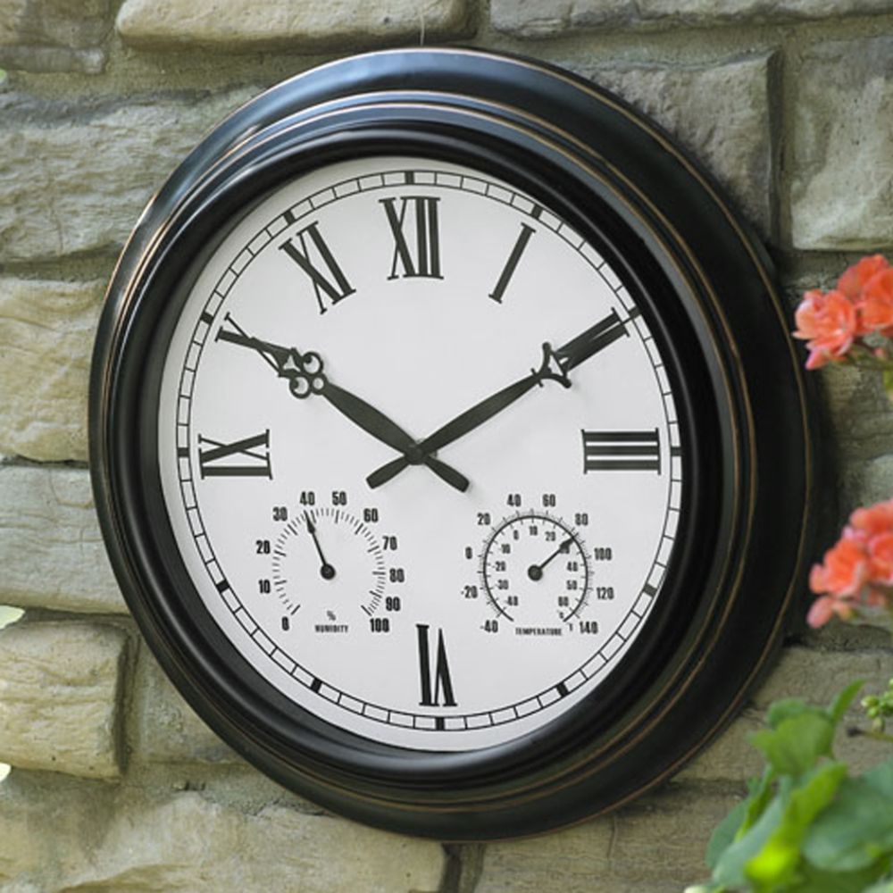 Metal Clock with Temperature &amp; Humidity Gauge- Garden Oasis-Outdoor Living-Weather Instruments-Thermometers