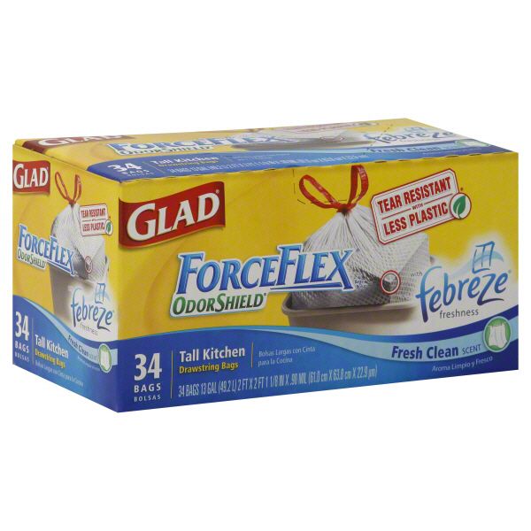Glad ForceFlex OdorShield Tall Kitchen Bags, Drawstring, 13 Gal, Fresh Clean Scent, 34 bags at Kmart.com