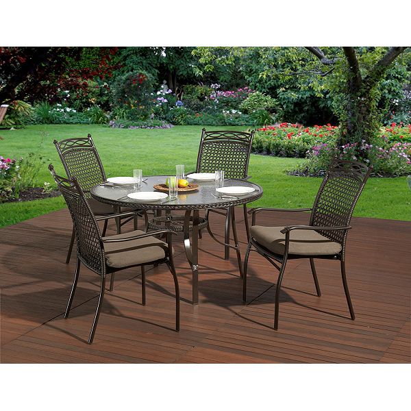 Set includes: 4 armchairs and a dining table Table top: 48 round Tempered glass top Durable aluminum frame Wicker color: chestnut Frame color: Moka High quality cushions fabric Replacement parts available Warranty: 1 year limited warranty