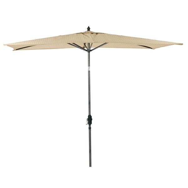 Umbrella dimensions: 101-1/2 in. W x 62 in. D Rustproof, all-aluminum frame with forged nickel finish Quick-drying canopy covered in 100% woven polyester for a luxurious linen feel and long-lasting durability Some assembly required Weight: 9.10 lbs. 5-yea