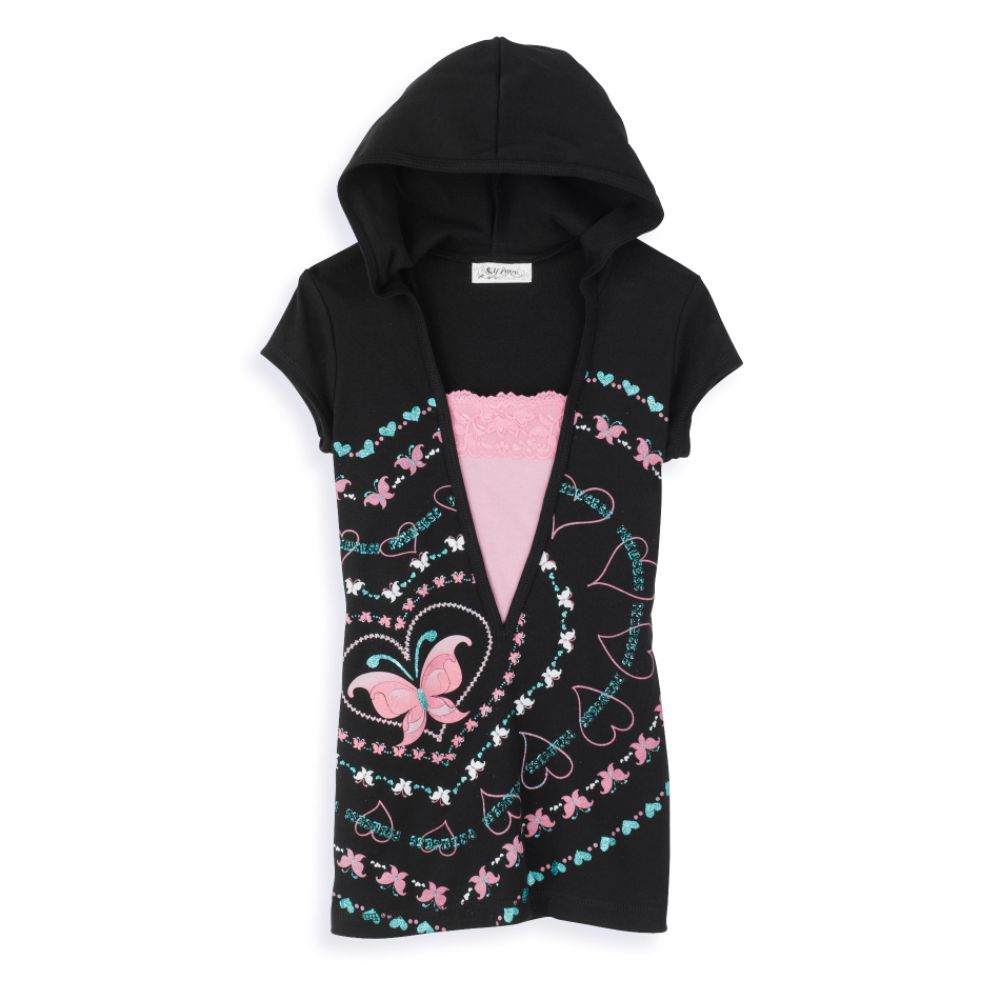 Self Esteem Girl's 7-16 Short Sleeve Hoodie, Deep V-Neck with Inset, Princess Hearts & Butterflies