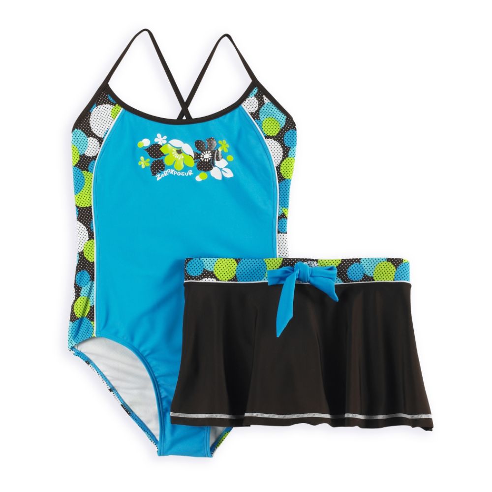 Zero Xposur Girl's Plus Hibisucs Side Panel Swimsuit with Flounce Skirt