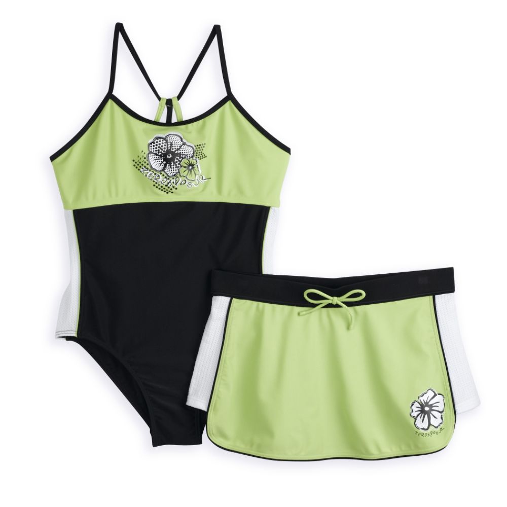 Zero Xposur Girl's Plus Core Mesh Hibiscus Swimsuit with Skirt