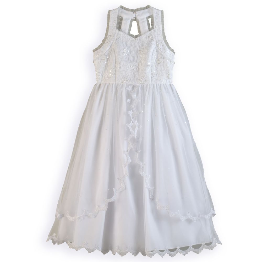 Muneca Girl's 7-12 Halter Communion Dress with Back Detail, Tiered Overlay Skirt