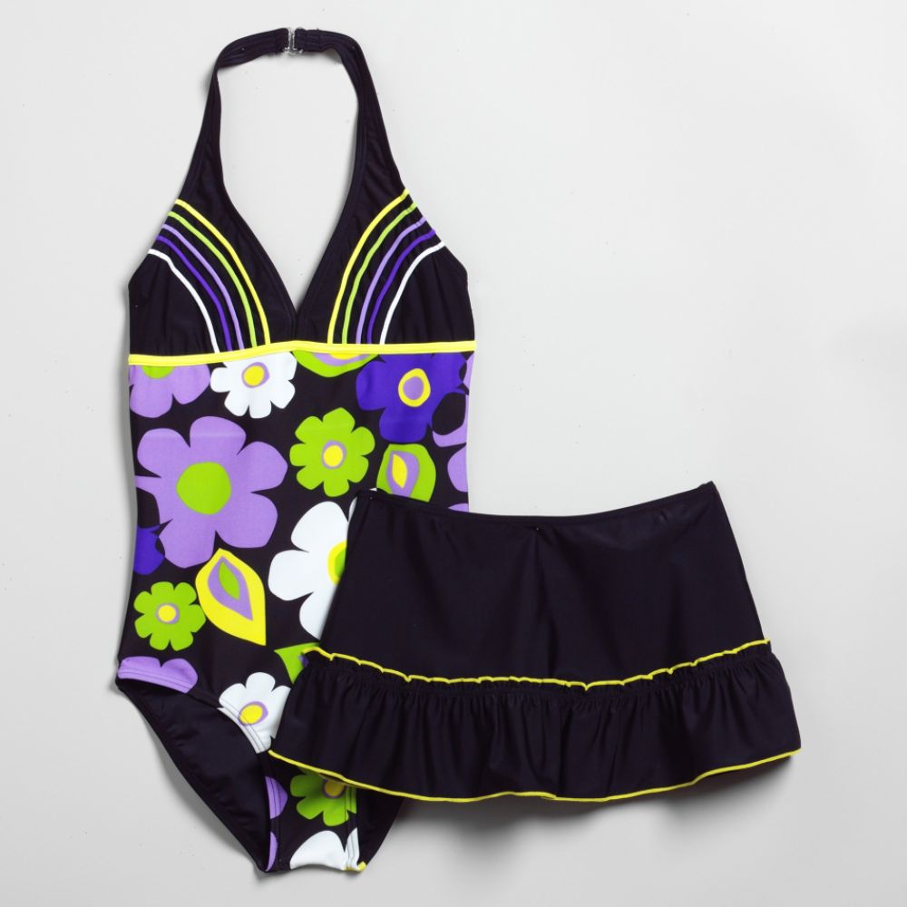 Malibu Dream Girl Girl's Plus Multi Print Swimsuit with Ruffle Skirt
