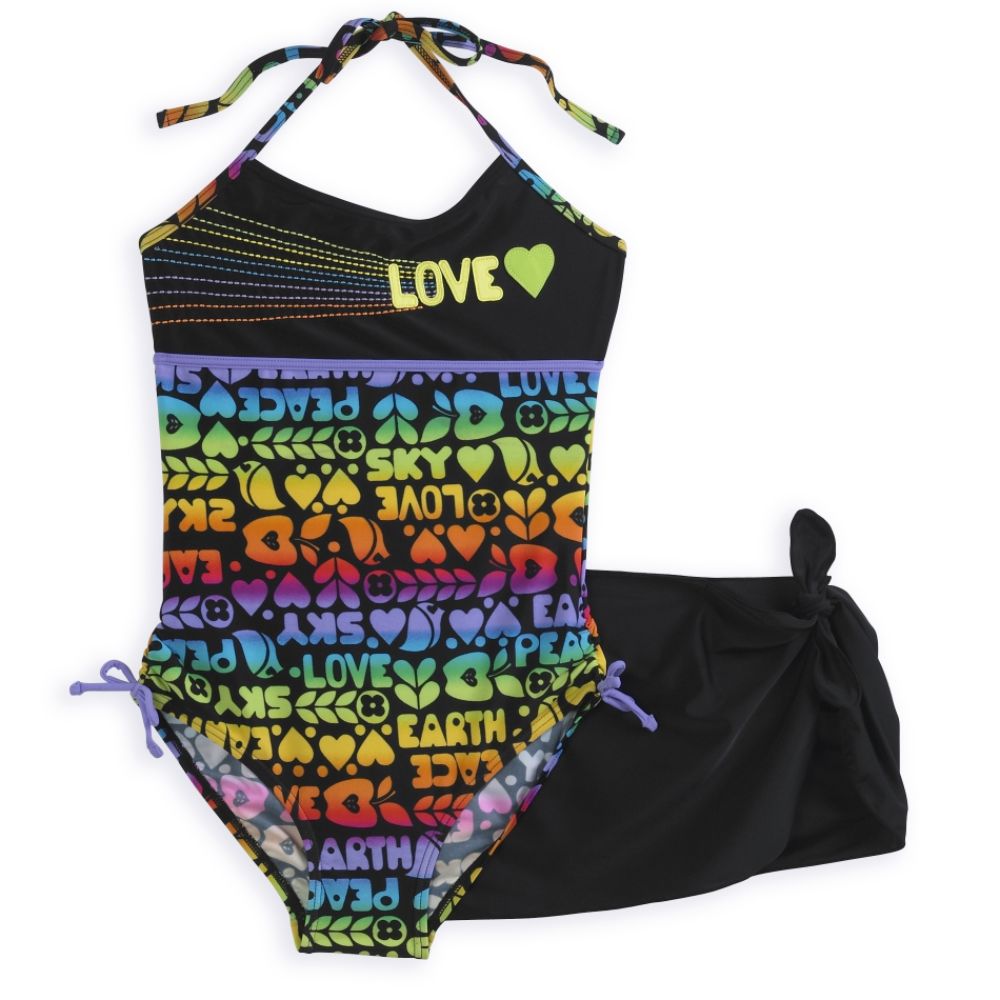 Malibu Dream Girl Girl's Plus Peace On Earth Halter Swimsuit with Side Tie Skirt