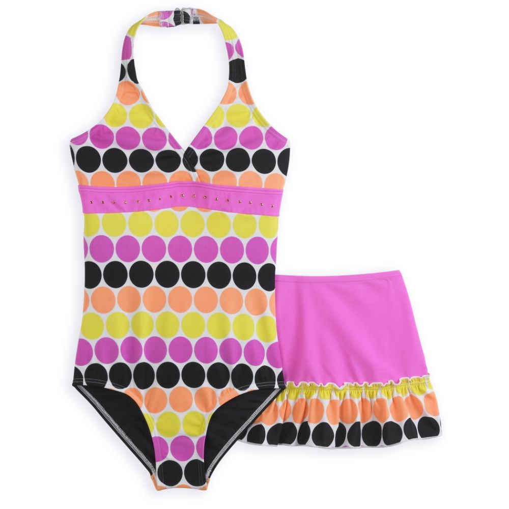 Malibu Dream Girl Girl's Plus Seeing Dots Halter Swimsuit with Ruffle Skirt