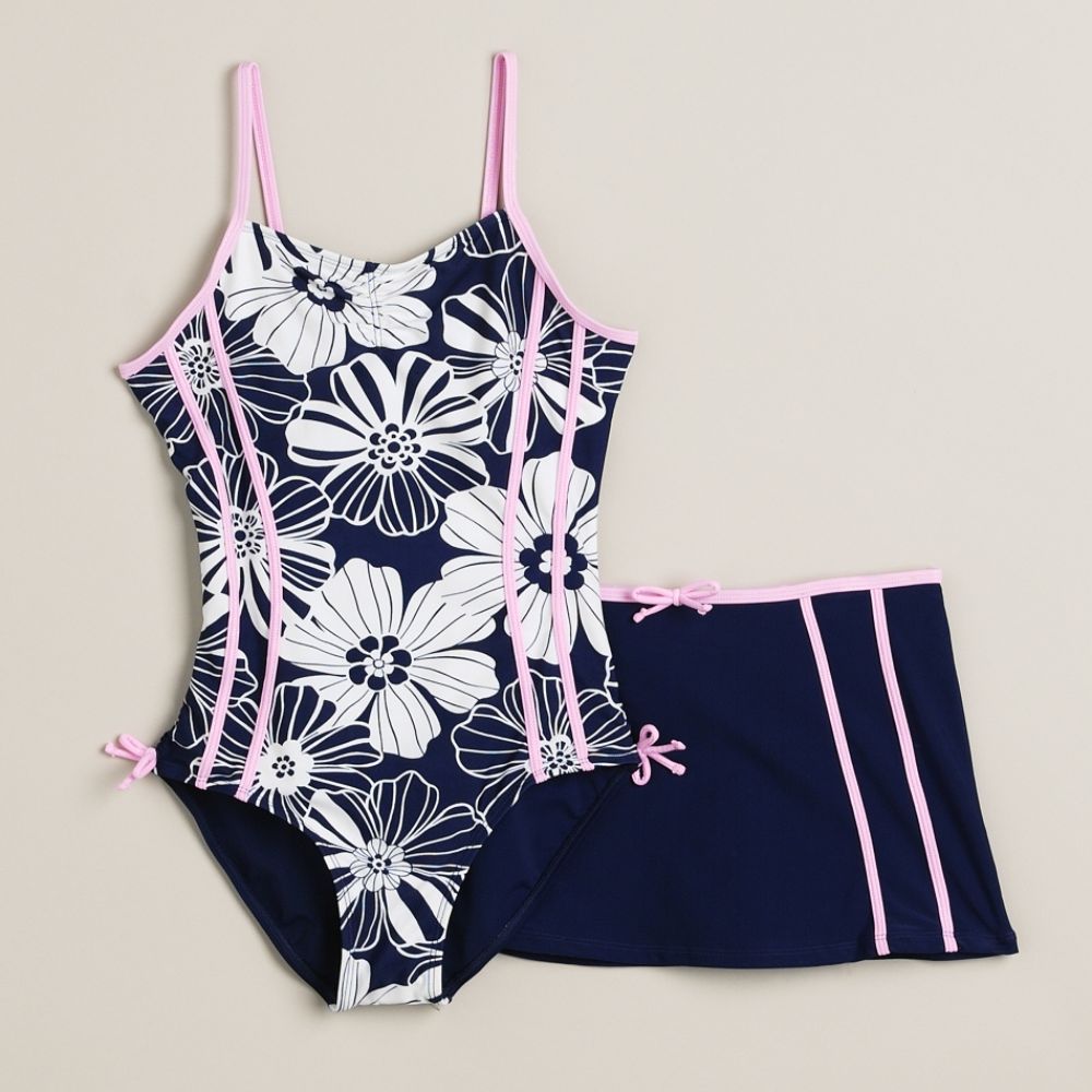 Malibu Dream Girl Girl's Plus Double Piped Hibiscus Swimsuit with Solid Color Skirt