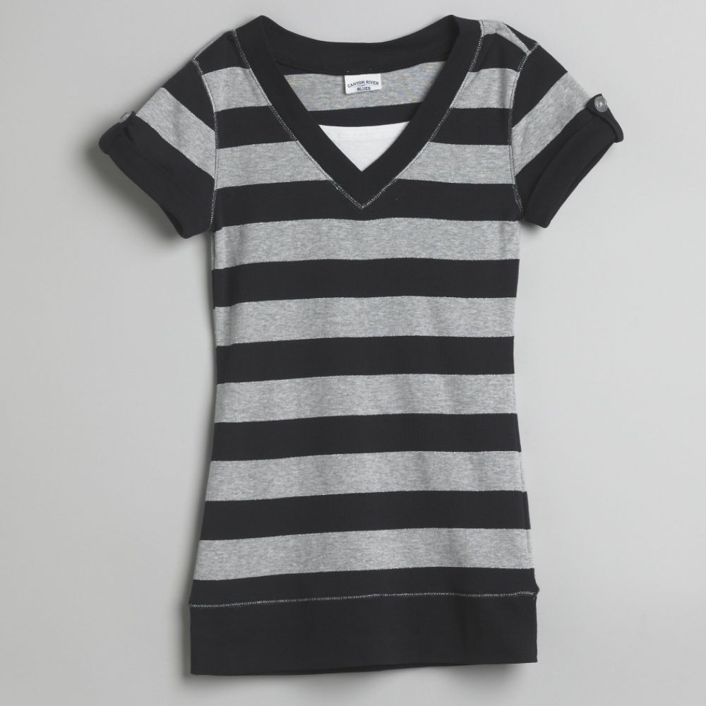 Canyon River Blues Girl's Plus Short Sleeve Banded BottomLayered Top with Lurex Striping