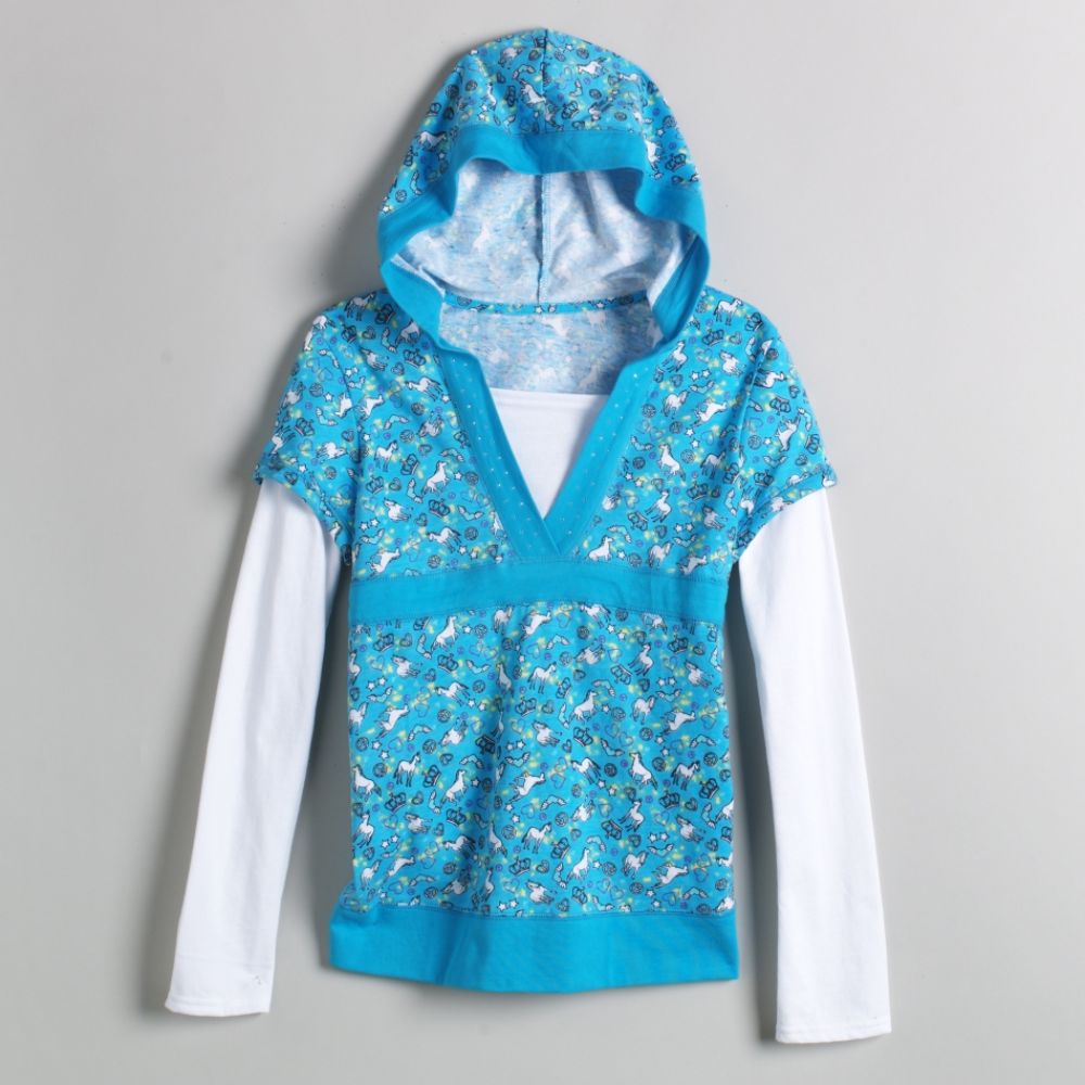 Canyon River Blues Girl's Plus Long Sleeve Hooded LayeredTop with Horse Screen
