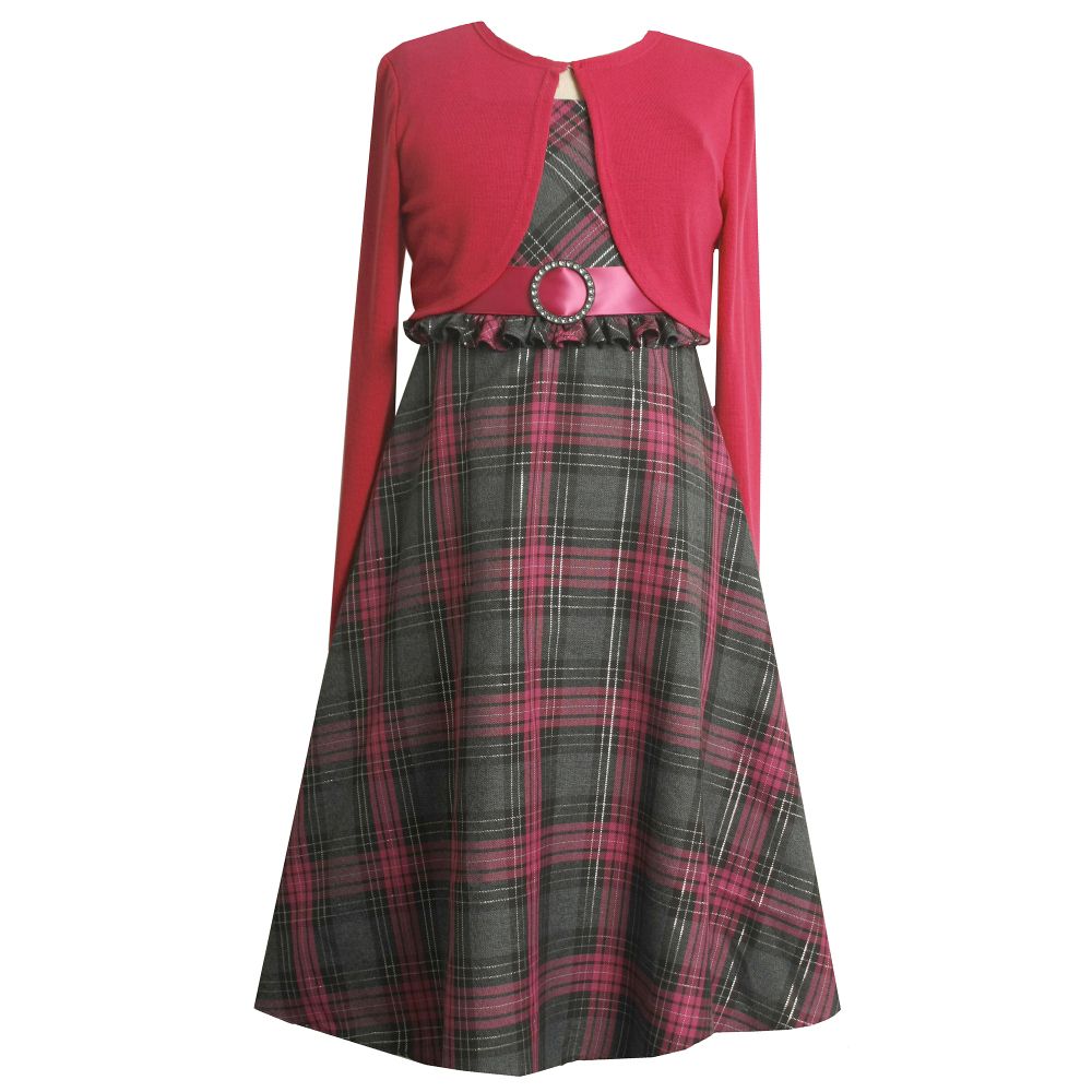 Ashley Ann Girl's 7-16 Plaid Print Dress with Cardigan & Belt