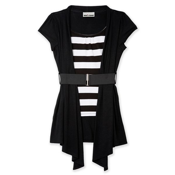 Amys Closet Girls 7 16 Short Sleeve Belted Mock Layered Top
