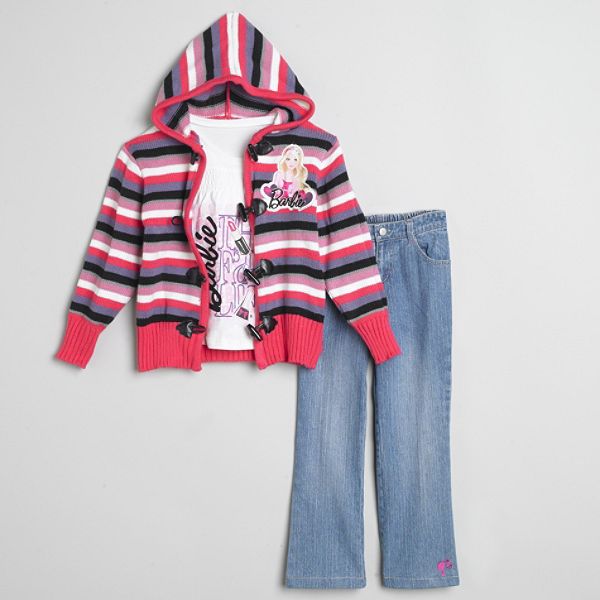 Barbie Girl's 4-6x 3-piece Striped Hooded Sweater Duster, Top & Jeans