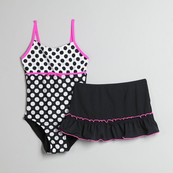 Malibu Dream Girl Girl's Plus One-piece Swim Suit With Cover Up Skirt