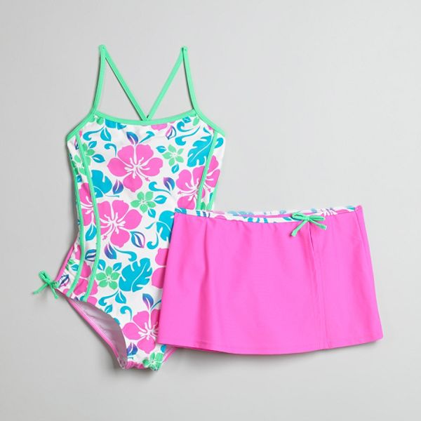Malibu Dream Girl Girl's Plus One-piece Swim Suit And Cover Up Skirt