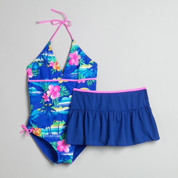 Malibu Dream Girl Girl's Plus Tropical Print One-piece Swim Suit And