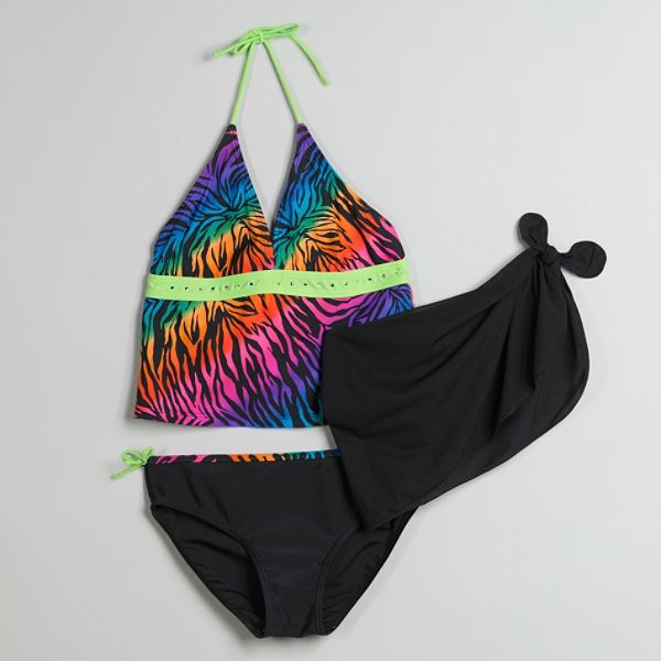 Malibu Dream Girl Girl's Plus Neon Zebra Stripe Three-piece
