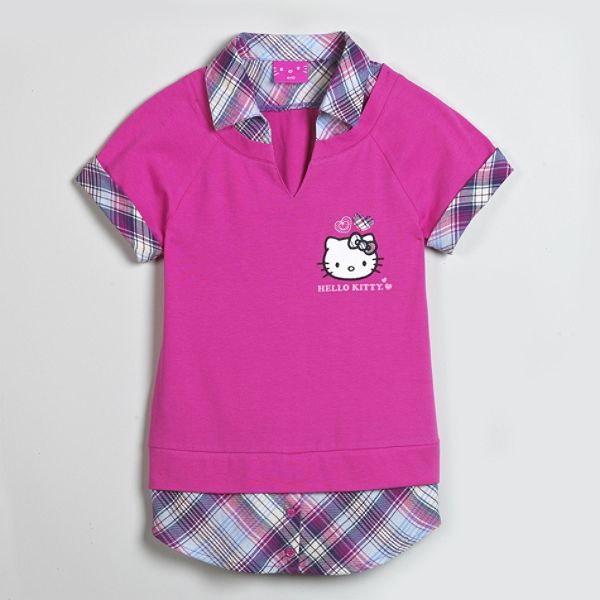 Hello Kitty Girl's 7-16 Plaid Collar & Short Plaid Sleeve Top