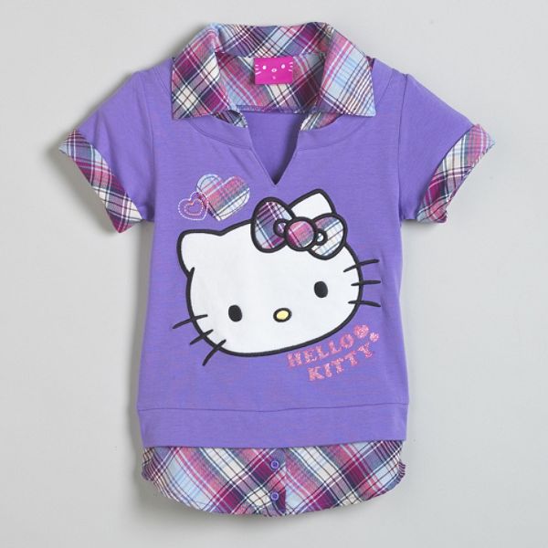Hello Kitty Girl's 4-6x Short Sleeve Two-in-one Graphic Plaid Top