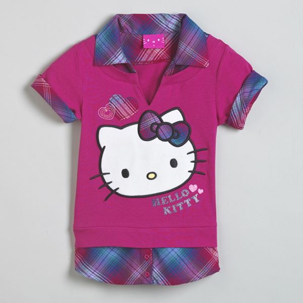 Hello Kitty Girl's 4-6x Short Sleeve Two-in-one Graphic Plaid Top