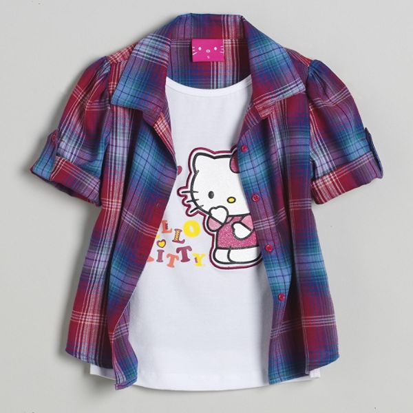 Hello Kitty Girl's 4-6x Short Sleeve Layered Graphic Plaid Top