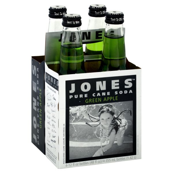Jones Soda Co. Soda, Green Apple, 4 - 12 fl oz (355 ml) bottles [48 fl oz (1.42 lt)] Pack of 6