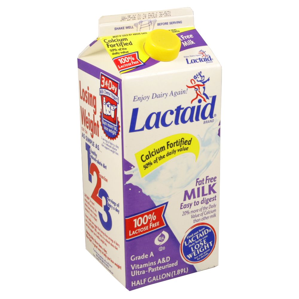Lactaid Fat Free Milk, 100% Lactose Free, Calcium Fortified, 0.5 gl (1.89 l)