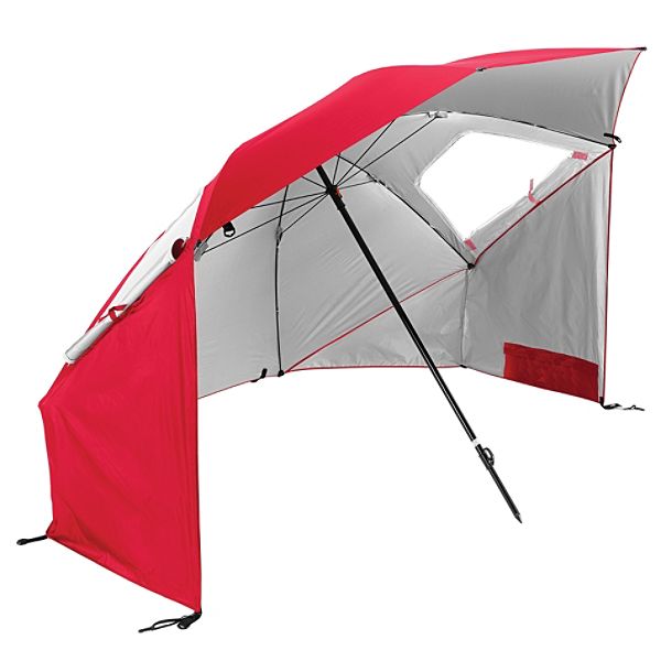 Quick shade protection from sun, wind and rain Rugged umbrella structure with side flaps for full cover protection. Top wind vents and side zippered windows for efficient airflow.