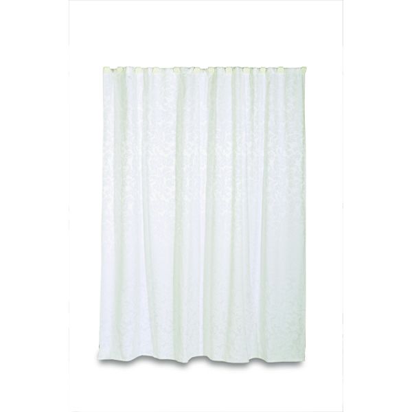 This tone-on-tone white damask shower curtain will bring a fresh touch to your bath. Shower curtain measures 72  W x 70  L 55% Cotton / 45% Polyester Machine wash gentle cycle. Do not bleach. Tumble dry at low temperature. Touch up with a cool iron if nec