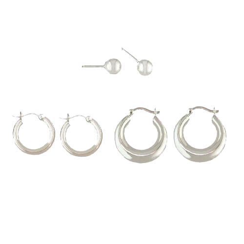 Ball Studs & Hoop Earrings 3-Pair Set Sterling Silver