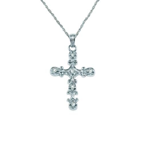 1/20 cttw Diamond-Accent Beaded Cross Pendant in 10K White Gold