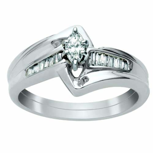 1/3 cttw Marquise Bridal Set with Baguette Diamonds, 14K White Gold