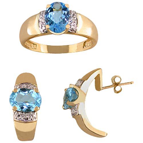 Blue Topaz & Diamond Ring & Earring Set set in 10K Yellow Gold