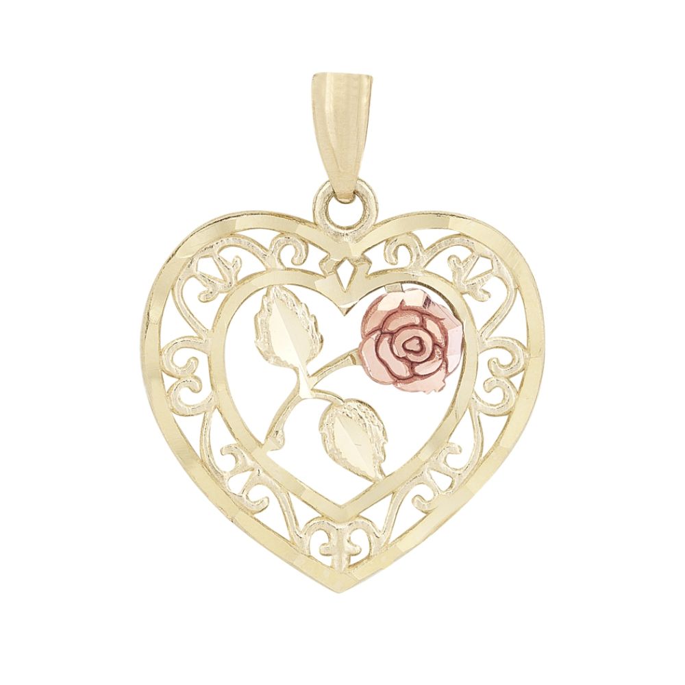 10K Yellow Gold With Pink Rose Filigree Heart Charm