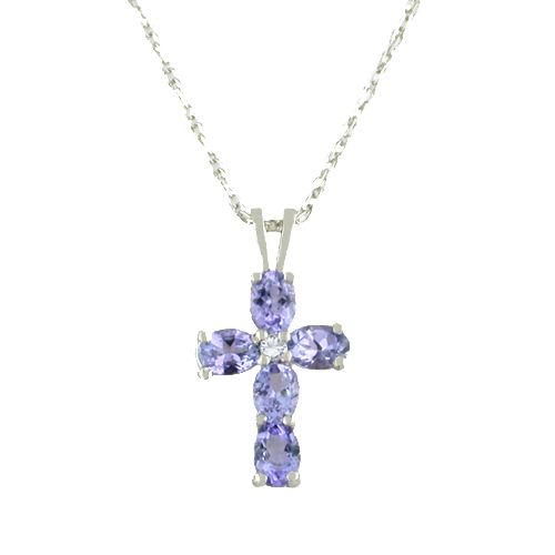 Tanzanite & Diamond Cross Pendant 10K White Gold