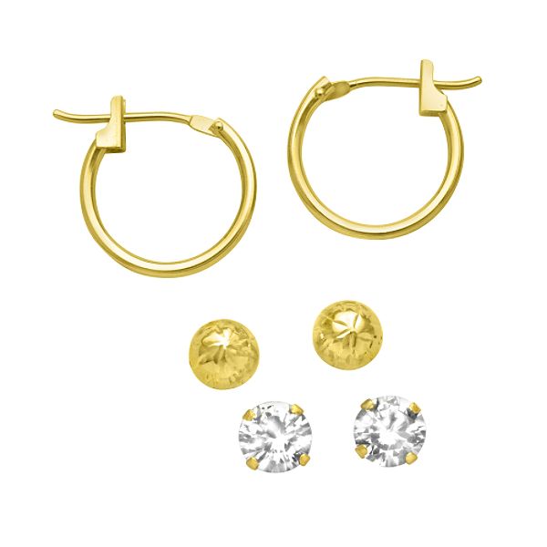 3 Pair Earring Set-cz, Gold Ball And Hoop In 10k Yellow Gold. 80624011