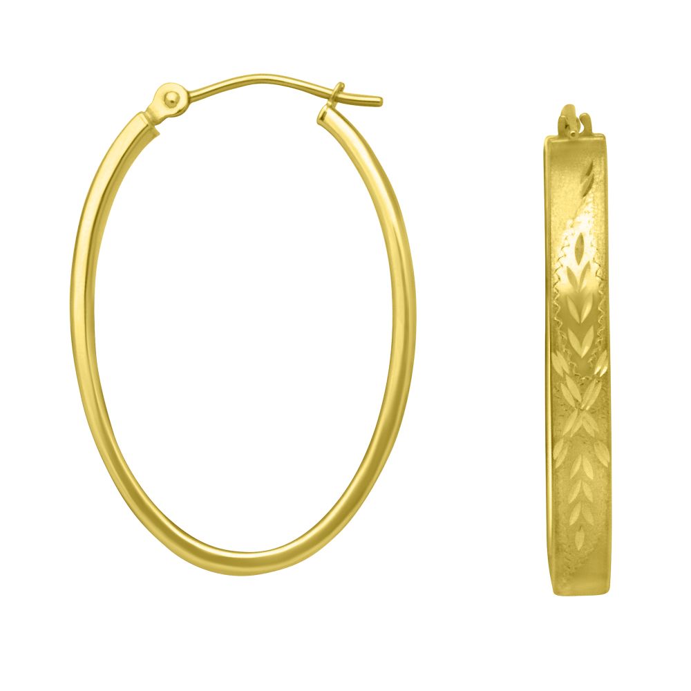 Large Oval Diamond Cut Florentine Hoop Earrings 10K Yellow Gold.