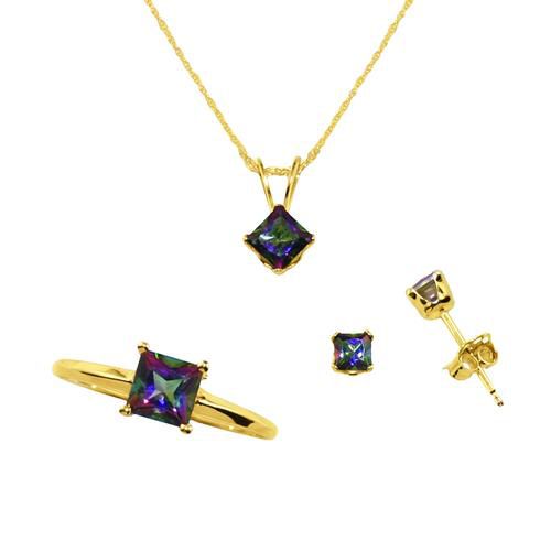 Square Mystic Topaz Ring, Pendant and Earrings 3-piece Set in 10K Yellow Gold