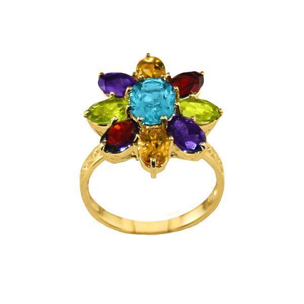 Women's Multi-gemstone Floral Ring In 10k Yellow Gold
