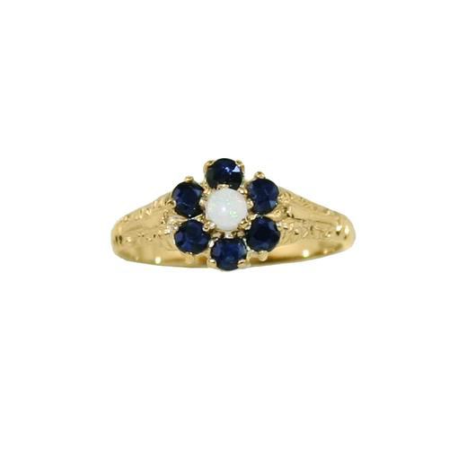 Opal and Sapphire Flower Ring in 10K Yellow Gold