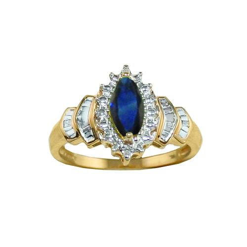 Marquise Sapphire with Round and Baguette Diamond Accents Step Ring in 10K Yellow Gold