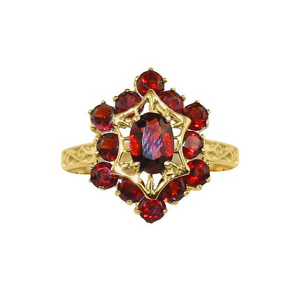 Oval And Round Garnet Filigree Ring In 10k Yellow Gold