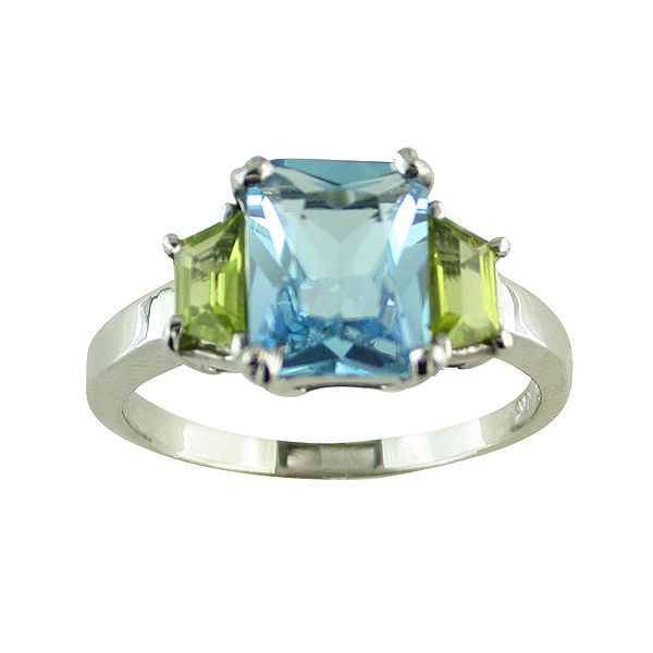 Blue Topaz With Peridot 3-stone Ring In 10k White Gold