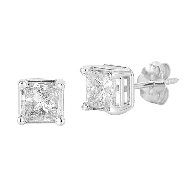 14kt White Gold Genuine 1.00cttw Diamond Princess Stud Earrings