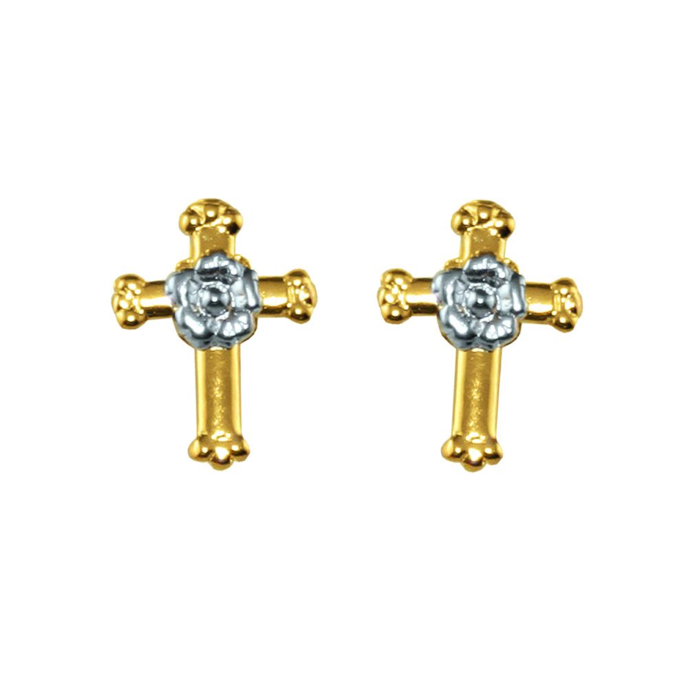 Cross with Flower Accent Stud Earrings in 14K Yellow Gold
