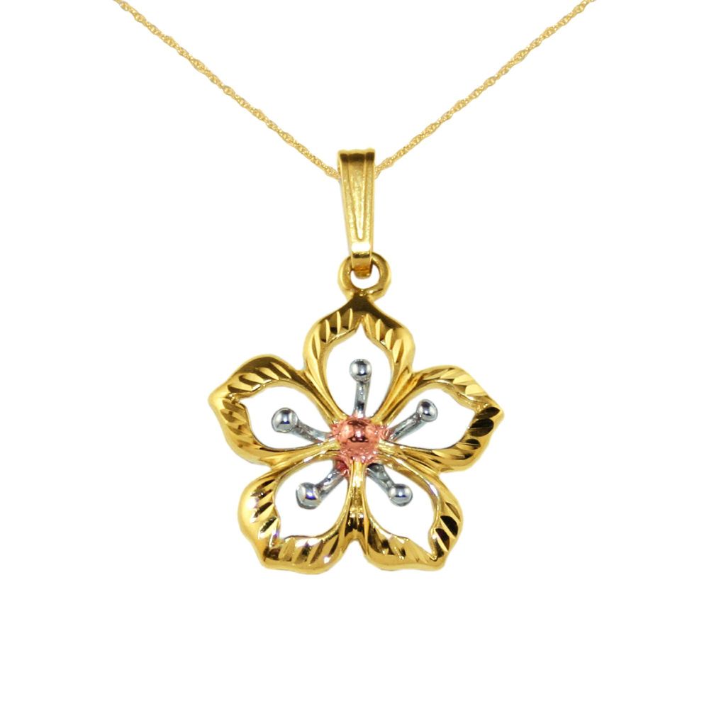 Flower Pendant with Chain in 10K Tri-Color Gold